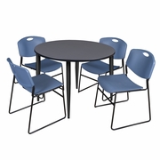 48 IN. ROUND BREAKROOM TABLE- GREY TOP, BLACK BASE & 4 STACK CHAIRS- BLUE <FONT COLOR=GREEN>-FREE SHIPPING-</FONT>