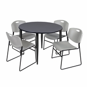 48 IN. ROUND BREAKROOM TABLE- GREY TOP, BLACK BASE & 4 STACK CHAIRS- GREY <FONT COLOR=GREEN>-FREE SHIPPING-</FONT>