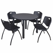 48 IN ROUND BREAKROOM TABLE- GREY TOP, BLACK LEGS, 4 M STACK CHAIRS- BLACK <FONT COLOR=GREEN>-FREE SHIPPING-</FONT>