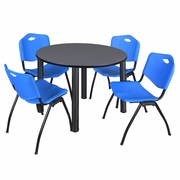 48 IN ROUND BREAKROOM TABLE- GREY TOP, BLACK LEGS, 4 M STACK CHAIRS- BLUE <FONT COLOR=GREEN>-FREE SHIPPING-</FONT>