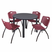 48 IN ROUND BREAKROOM TABLE- GREY TOP, BLACK LEGS, 4 M STACK CHAIRS- BURGUNDY <FONT COLOR=GREEN>-FREE SHIPPING-</FONT>