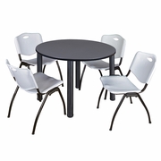 48 IN ROUND BREAKROOM TABLE- GREY TOP, BLACK LEGS, 4 M STACK CHAIRS- GREY <FONT COLOR=GREEN>-FREE SHIPPING-</FONT>