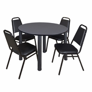 48 IN ROUND BREAKROOM TABLE- GREY TOP, BLACK LEGS, 4 RESTAURANT STACK CHAIRS <FONT COLOR=GREEN>-FREE SHIPPING-</FONT>