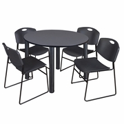 48 IN ROUND BREAKROOM TABLE- GREY TOP, BLACK LEGS, 4 STACK CHAIRS- BLACK <FONT COLOR=GREEN>-FREE SHIPPING-</FONT>