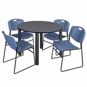 48 IN ROUND BREAKROOM TABLE- GREY TOP, BLACK LEGS, 4 STACK CHAIRS- BLUE <FONT COLOR=GREEN>-FREE SHIPPING-</FONT>