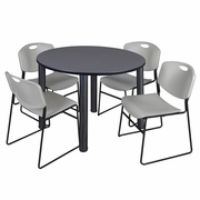 48 IN ROUND BREAKROOM TABLE- GREY TOP, BLACK LEGS, 4 STACK CHAIRS- GREY <FONT COLOR=GREEN>-FREE SHIPPING-</FONT>