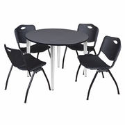 48 IN. ROUND BREAKROOM TABLE- GREY TOP, CHROME BASE & 4 M STACK CHAIRS- BLACK <FONT COLOR=GREEN>-FREE SHIPPING-</FONT>