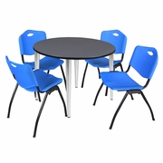 48 IN. ROUND BREAKROOM TABLE- GREY TOP, CHROME BASE & 4 M STACK CHAIRS- BLUE <FONT COLOR=GREEN>-FREE SHIPPING-</FONT>