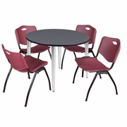 48 IN. ROUND BREAKROOM TABLE- GREY TOP, CHROME BASE & 4 M STACK CHAIRS- BURGUNDY <FONT COLOR=GREEN>-FREE SHIPPING-</FONT>