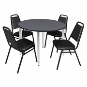 48 IN. ROUND BREAKROOM TABLE- GREY TOP, CHROME BASE & 4 RESTAURANT STACK CHAIRS- BLACK <FONT COLOR=GREEN>-FREE SHIPPING-</FONT>