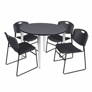 48 IN. ROUND BREAKROOM TABLE- GREY TOP, CHROME BASE & 4 STACK CHAIRS- BLACK <FONT COLOR=GREEN>-FREE SHIPPING-</FONT>