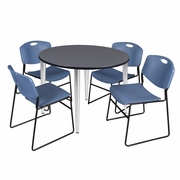 48 IN. ROUND BREAKROOM TABLE- GREY TOP, CHROME BASE & 4 STACK CHAIRS- BLUE <FONT COLOR=GREEN>-FREE SHIPPING-</FONT>