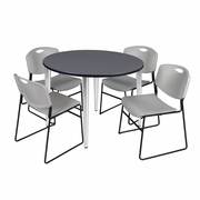 48 IN. ROUND BREAKROOM TABLE- GREY TOP, CHROME BASE & 4 STACK CHAIRS- GREY <FONT COLOR=GREEN>-FREE SHIPPING-</FONT>