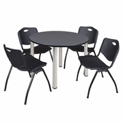 48 IN ROUND BREAKROOM TABLE- GREY TOP, CHROME LEGS, 4 M STACK CHAIRS- BLACK <FONT COLOR=GREEN>-FREE SHIPPING-</FONT>