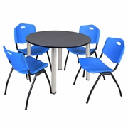48 IN ROUND BREAKROOM TABLE- GREY TOP, CHROME LEGS, 4 M STACK CHAIRS- BLUE <FONT COLOR=GREEN>-FREE SHIPPING-</FONT>