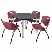 48 IN ROUND BREAKROOM TABLE- GREY TOP, CHROME LEGS, 4 M STACK CHAIRS- BURGUNDY <FONT COLOR=GREEN>-FREE SHIPPING-</FONT>