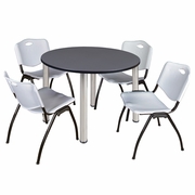 48 IN ROUND BREAKROOM TABLE- GREY TOP, CHROME LEGS, 4 M STACK CHAIRS- GREY <FONT COLOR=GREEN>-FREE SHIPPING-</FONT>