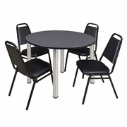 48 IN ROUND BREAKROOM TABLE- GREY TOP, CHROME LEGS, 4 RESTAURANT STACK CHAIRS <FONT COLOR=GREEN>-FREE SHIPPING-</FONT>