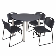 48 IN ROUND BREAKROOM TABLE- GREY TOP, CHROME LEGS, 4 STACK CHAIRS- BLACK <FONT COLOR=GREEN>-FREE SHIPPING-</FONT>