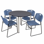 48 IN ROUND BREAKROOM TABLE- GREY TOP, CHROME LEGS, 4 STACK CHAIRS- BLUE <FONT COLOR=GREEN>-FREE SHIPPING-</FONT>