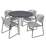 48 IN ROUND BREAKROOM TABLE- GREY TOP, CHROME LEGS, 4 STACK CHAIRS- GREY <FONT COLOR=GREEN>-FREE SHIPPING-</FONT>