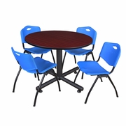 48 IN. ROUND BREAKROOM TABLE- MAHOGANY, 4 M STACK CHAIRS- BLUE <FONT COLOR=GREEN>-FREE SHIPPING-</FONT>