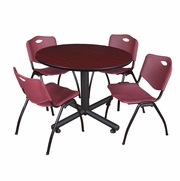 48 IN. ROUND BREAKROOM TABLE- MAHOGANY, 4 M STACK CHAIRS- BURGUNDY <FONT COLOR=GREEN>-FREE SHIPPING-</FONT>