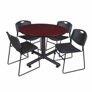 48 IN. ROUND BREAKROOM TABLE- MAHOGANY, 4 STACK CHAIRS- BLACK <FONT COLOR=GREEN>-FREE SHIPPING-</FONT>