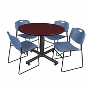 48 IN. ROUND BREAKROOM TABLE- MAHOGANY, 4 STACK CHAIRS- BLUE <FONT COLOR=GREEN>-FREE SHIPPING-</FONT>