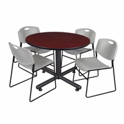 48 IN. ROUND BREAKROOM TABLE- MAHOGANY, 4 STACK CHAIRS- GREY <FONT COLOR=GREEN>-FREE SHIPPING-</FONT>