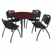 48 IN. ROUND BREAKROOM TABLE- MAHOGANY TOP, BLACK BASE & 4 M STACK CHAIRS- BLACK <FONT COLOR=GREEN>-FREE SHIPPING-</FONT>