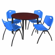 48 IN. ROUND BREAKROOM TABLE- MAHOGANY TOP, BLACK BASE & 4 M STACK CHAIRS- BLUE <FONT COLOR=GREEN>-FREE SHIPPING-</FONT>