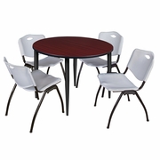 48 IN. ROUND BREAKROOM TABLE- MAHOGANY TOP, BLACK BASE & 4 M STACK CHAIRS- GREY <FONT COLOR=GREEN>-FREE SHIPPING-</FONT>