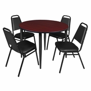 48 IN. ROUND BREAKROOM TABLE- MAHOGANY TOP, BLACK BASE & 4 RESTAURANT STACK CHAIRS- BLACK <FONT COLOR=GREEN>-FREE SHIPPING-</FONT>