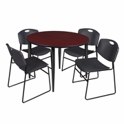 48 IN. ROUND BREAKROOM TABLE- MAHOGANY TOP, BLACK BASE & 4 STACK CHAIRS- BLACK <FONT COLOR=GREEN>-FREE SHIPPING-</FONT>