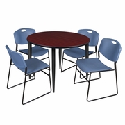 48 IN. ROUND BREAKROOM TABLE- MAHOGANY TOP, BLACK BASE & 4 STACK CHAIRS- BLUE <FONT COLOR=GREEN>-FREE SHIPPING-</FONT>