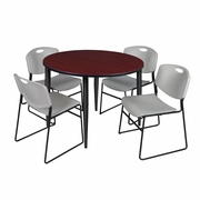 48 IN. ROUND BREAKROOM TABLE- MAHOGANY TOP, BLACK BASE & 4 STACK CHAIRS- GREY <FONT COLOR=GREEN>-FREE SHIPPING-</FONT>