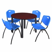 48 IN ROUND BREAKROOM TABLE- MAHOGANY TOP, BLACK LEGS, 4 M STACK CHAIRS- BLUE <FONT COLOR=GREEN>-FREE SHIPPING-</FONT>