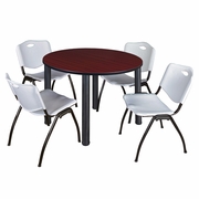 48 IN ROUND BREAKROOM TABLE- MAHOGANY TOP, BLACK LEGS, 4 M STACK CHAIRS- GREY <FONT COLOR=GREEN>-FREE SHIPPING-</FONT>