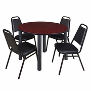 48 IN ROUND BREAKROOM TABLE- MAHOGANY TOP, BLACK LEGS, 4 RESTAURANT STACK CHAIRS <FONT COLOR=GREEN>-FREE SHIPPING-</FONT>