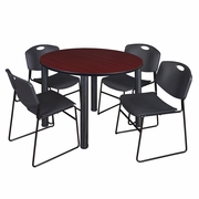 48 IN ROUND BREAKROOM TABLE- MAHOGANY TOP, BLACK LEGS, 4 STACK CHAIRS- BLACK <FONT COLOR=GREEN>-FREE SHIPPING-</FONT>