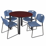 48 IN ROUND BREAKROOM TABLE- MAHOGANY TOP, BLACK LEGS, 4 STACK CHAIRS- BLUE <FONT COLOR=GREEN>-FREE SHIPPING-</FONT>