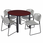 48 IN ROUND BREAKROOM TABLE- MAHOGANY TOP, BLACK LEGS, 4 STACK CHAIRS- GREY <FONT COLOR=GREEN>-FREE SHIPPING-</FONT>
