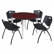 48 IN. ROUND BREAKROOM TABLE- MAHOGANY TOP, CHROME BASE & 4 M STACK CHAIRS- BLACK <FONT COLOR=GREEN>-FREE SHIPPING-</FONT>