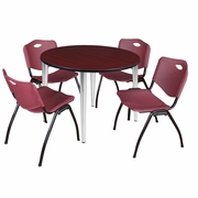 48 IN. ROUND BREAKROOM TABLE- MAHOGANY TOP, CHROME BASE & 4 M STACK CHAIRS- BURGUNDY <FONT COLOR=GREEN>-FREE SHIPPING-</FONT>