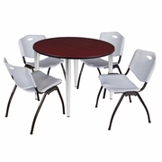 48 IN. ROUND BREAKROOM TABLE- MAHOGANY TOP, CHROME BASE & 4 M STACK CHAIRS- GREY <FONT COLOR=GREEN>-FREE SHIPPING-</FONT>
