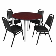 48 IN. ROUND BREAKROOM TABLE- MAHOGANY TOP, CHROME BASE & 4 RESTAURANT STACK CHAIRS- BLACK <FONT COLOR=GREEN>-FREE SHIPPING-</FONT>