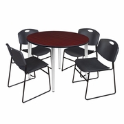 48 IN. ROUND BREAKROOM TABLE- MAHOGANY TOP, CHROME BASE & 4 STACK CHAIRS- BLACK <FONT COLOR=GREEN>-FREE SHIPPING-</FONT>