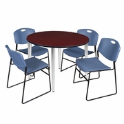 48 IN. ROUND BREAKROOM TABLE- MAHOGANY TOP, CHROME BASE & 4 STACK CHAIRS- BLUE <FONT COLOR=GREEN>-FREE SHIPPING-</FONT>