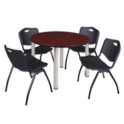 48 IN ROUND BREAKROOM TABLE- MAHOGANY TOP, CHROME LEGS, 4 M STACK CHAIRS- BLACK <FONT COLOR=GREEN>-FREE SHIPPING-</FONT>